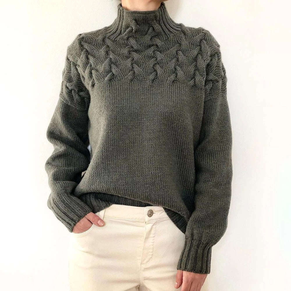 Women's Braided Yoke Roll-Neck Jumper with Ribbed Trims – Grey