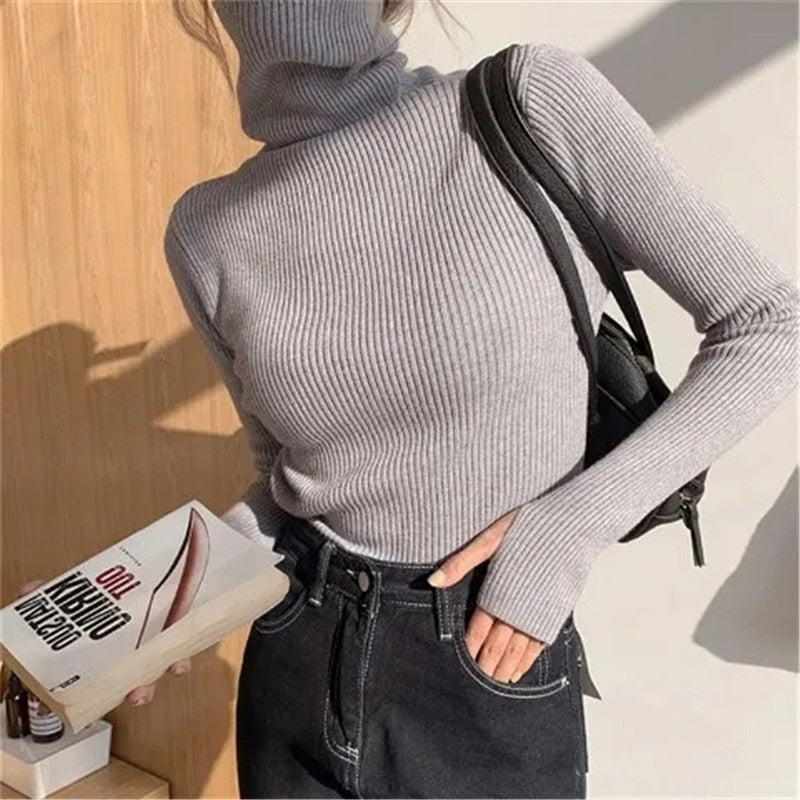 Women's Slim Stretch Ribbed Roll-Neck Jumper – Light Grey