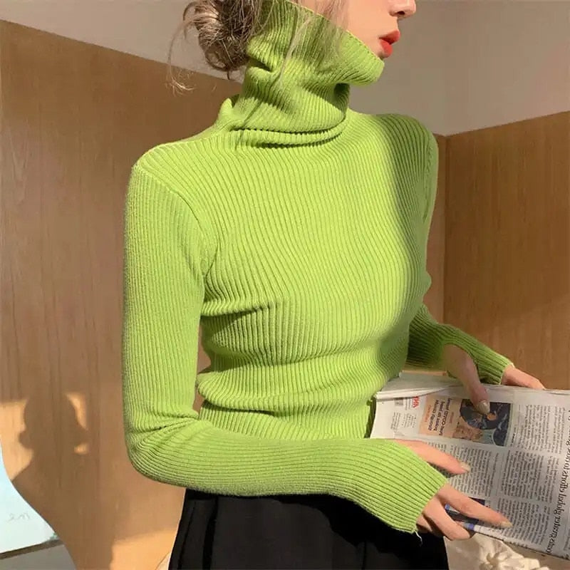 Women's Slim Stretch Ribbed Roll-Neck Jumper – Light Green