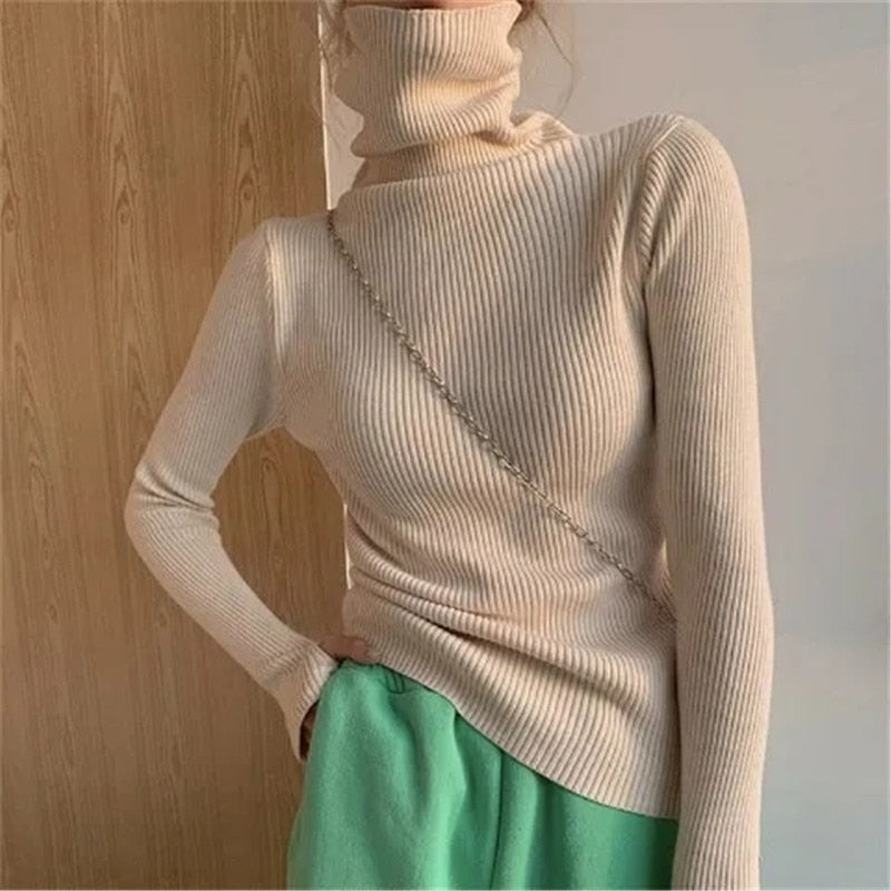 Women's Slim Stretch Ribbed Roll-Neck Jumper – Beige