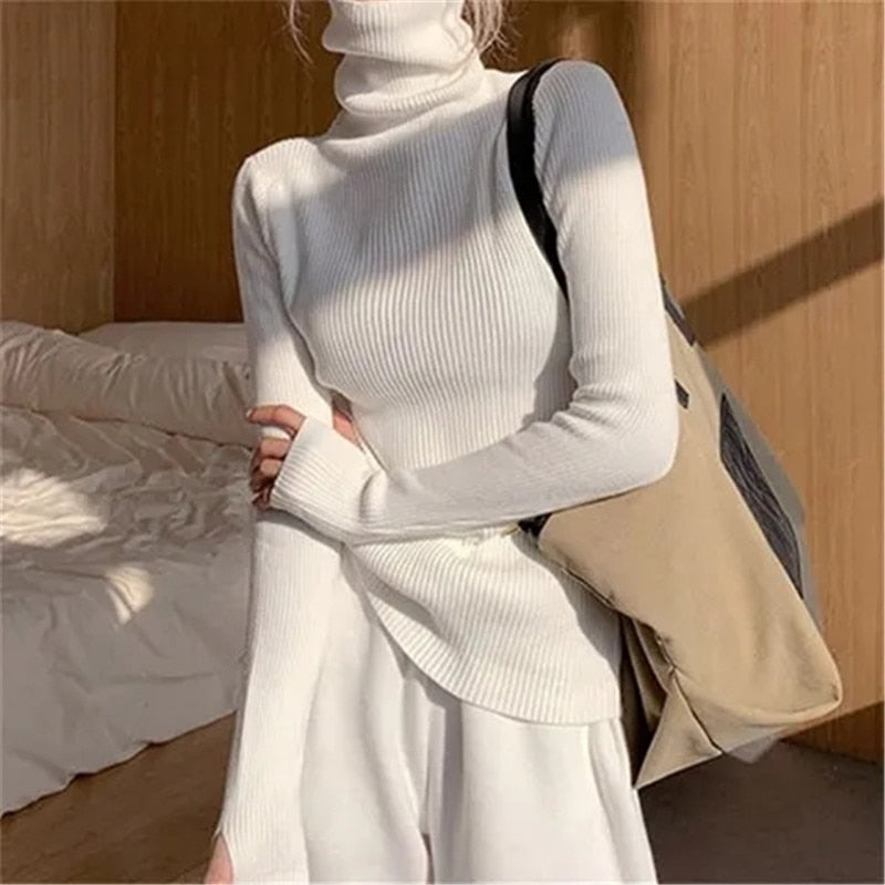 Women's Slim Stretch Ribbed Roll-Neck Jumper – White
