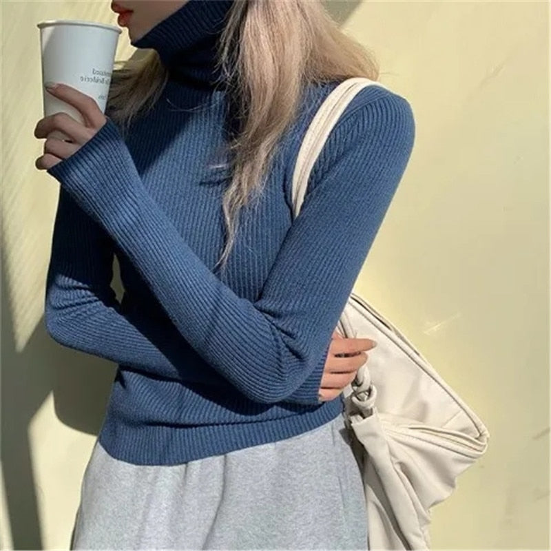 Women's Slim Stretch Ribbed Roll-Neck Jumper – Blue