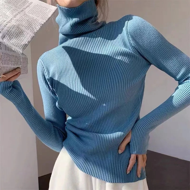 Women's Slim Stretch Ribbed Roll-Neck Jumper – Light Blue