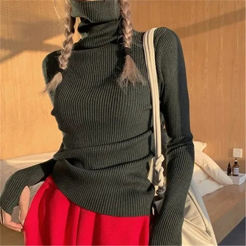 Women's Slim Stretch Ribbed Roll-Neck Jumper – Black