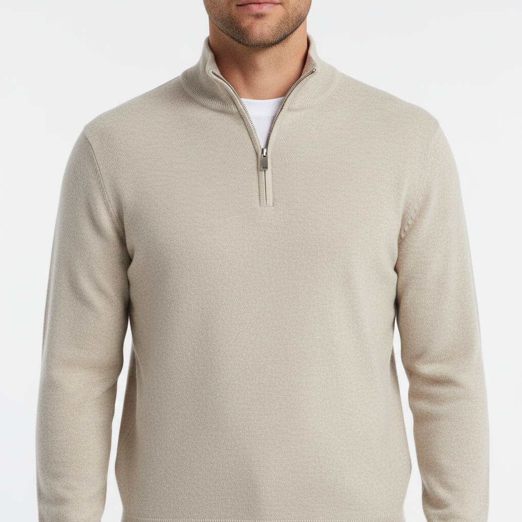 Men's Smooth Fine-Knit Quarter-Zip Jumper Regular Fit – Beige
