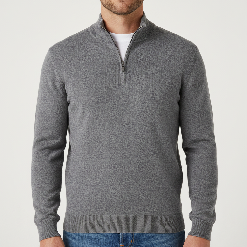Men's Smooth Fine-Knit Quarter-Zip Jumper Regular Fit – Grey
