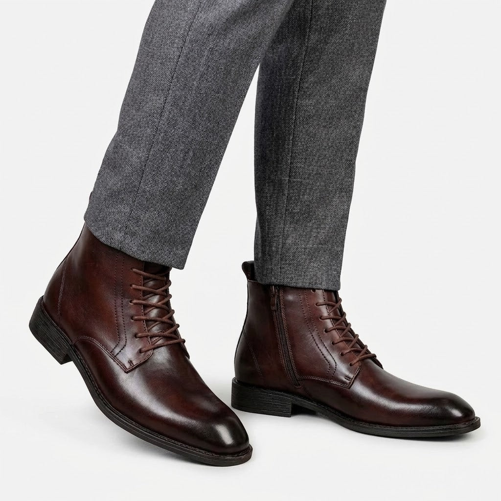 Men's Smooth Leather Ankle Boots with Low Heel