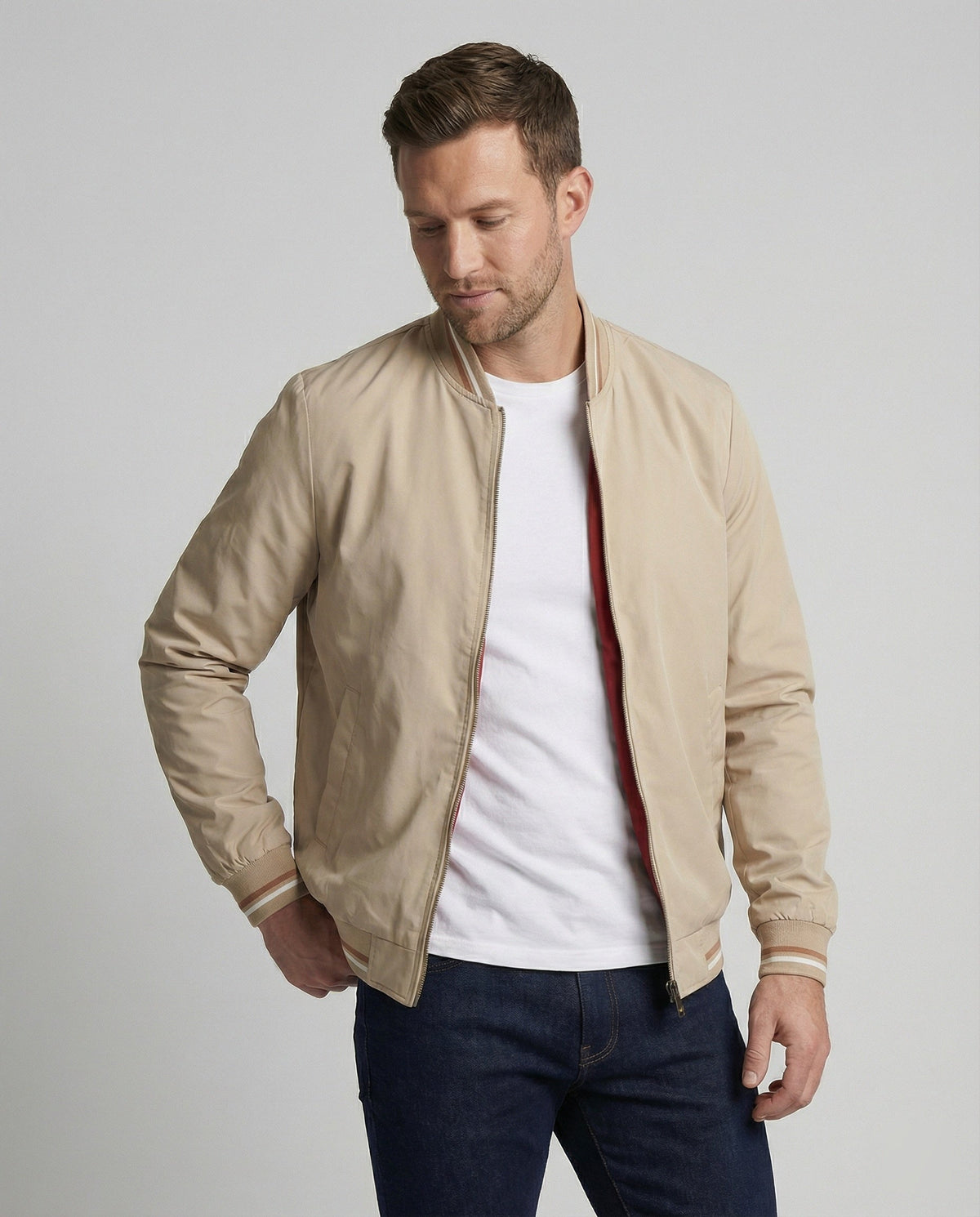 Men's Lightweight Nylon Bomber Jacket with Water-Repellent Finish – Beige