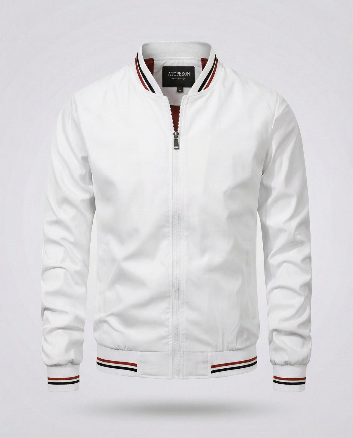 Men's Lightweight Nylon Bomber Jacket with Water-Repellent Finish – White