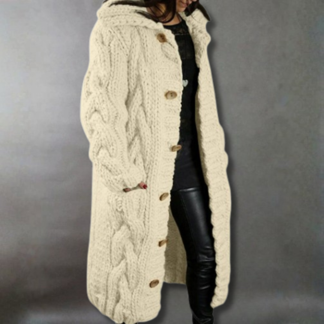 Women's Hooded Cable-Knit Longline Coat Buttoned Side Pockets – Beige