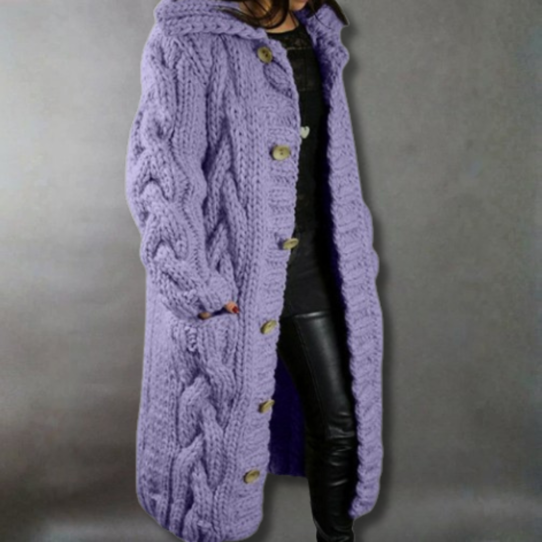 Women's Hooded Cable-Knit Longline Coat Buttoned Side Pockets – Purple