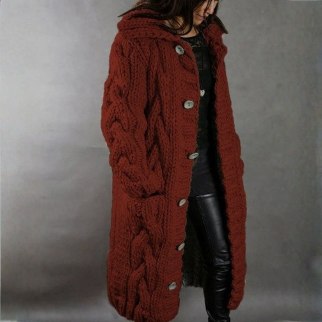 Women's Hooded Cable-Knit Longline Coat Buttoned Side Pockets – Red