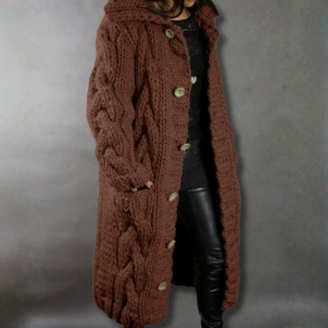 Women's Hooded Cable-Knit Longline Coat Buttoned Side Pockets – Brown
