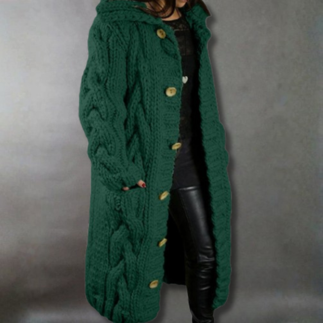 Women's Hooded Cable-Knit Longline Coat Buttoned Side Pockets – Green