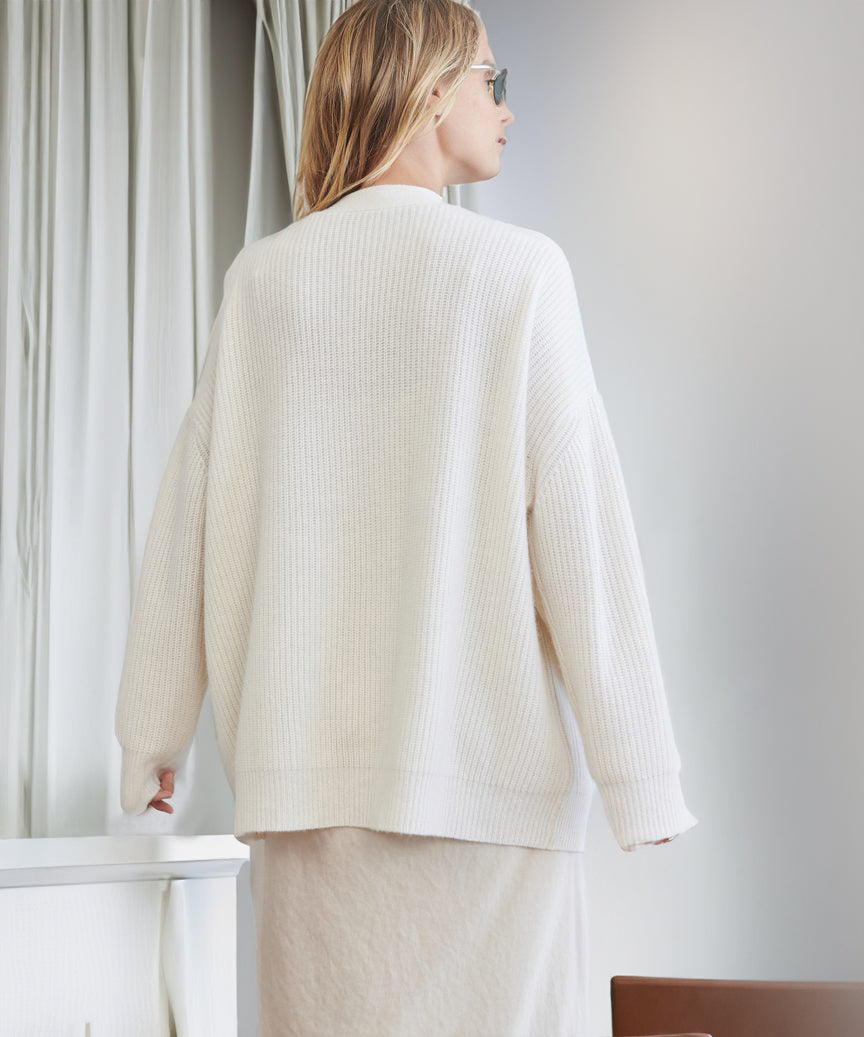 Women's Soft Ribbed Cardigan with Deep V-Neck and Dropped Shoulders