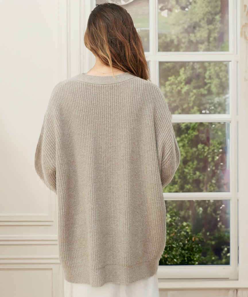 Women's Soft Ribbed Cardigan with Deep V-Neck and Dropped Shoulders