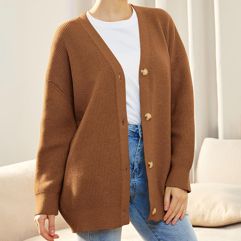 Women's Soft Ribbed Cardigan with Deep V-Neck and Dropped Shoulders – Brown