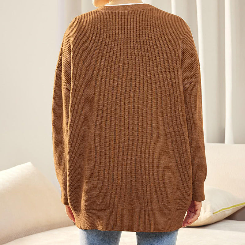 Women's Soft Ribbed Cardigan with Deep V-Neck and Dropped Shoulders