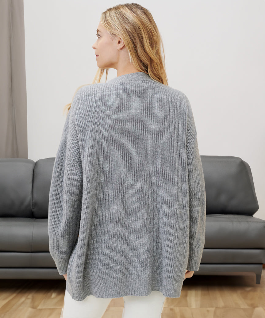 Women's Soft Ribbed Cardigan with Deep V-Neck and Dropped Shoulders