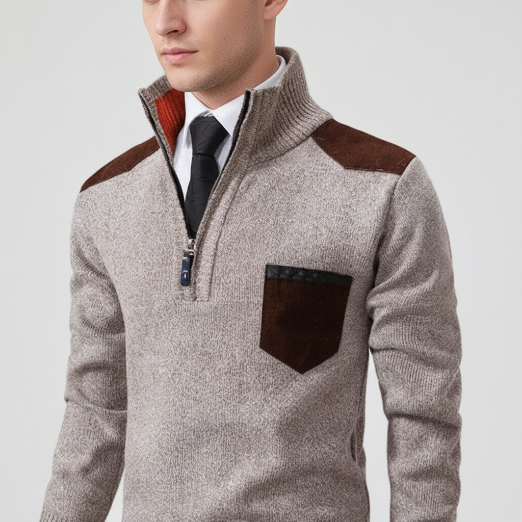 Men's Soft Knit Quarter-Zip Jumper with Chest Pocket – Taupe