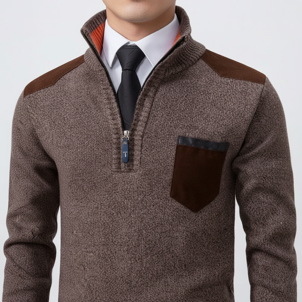 Men's Soft Knit Quarter-Zip Jumper with Chest Pocket – Brown