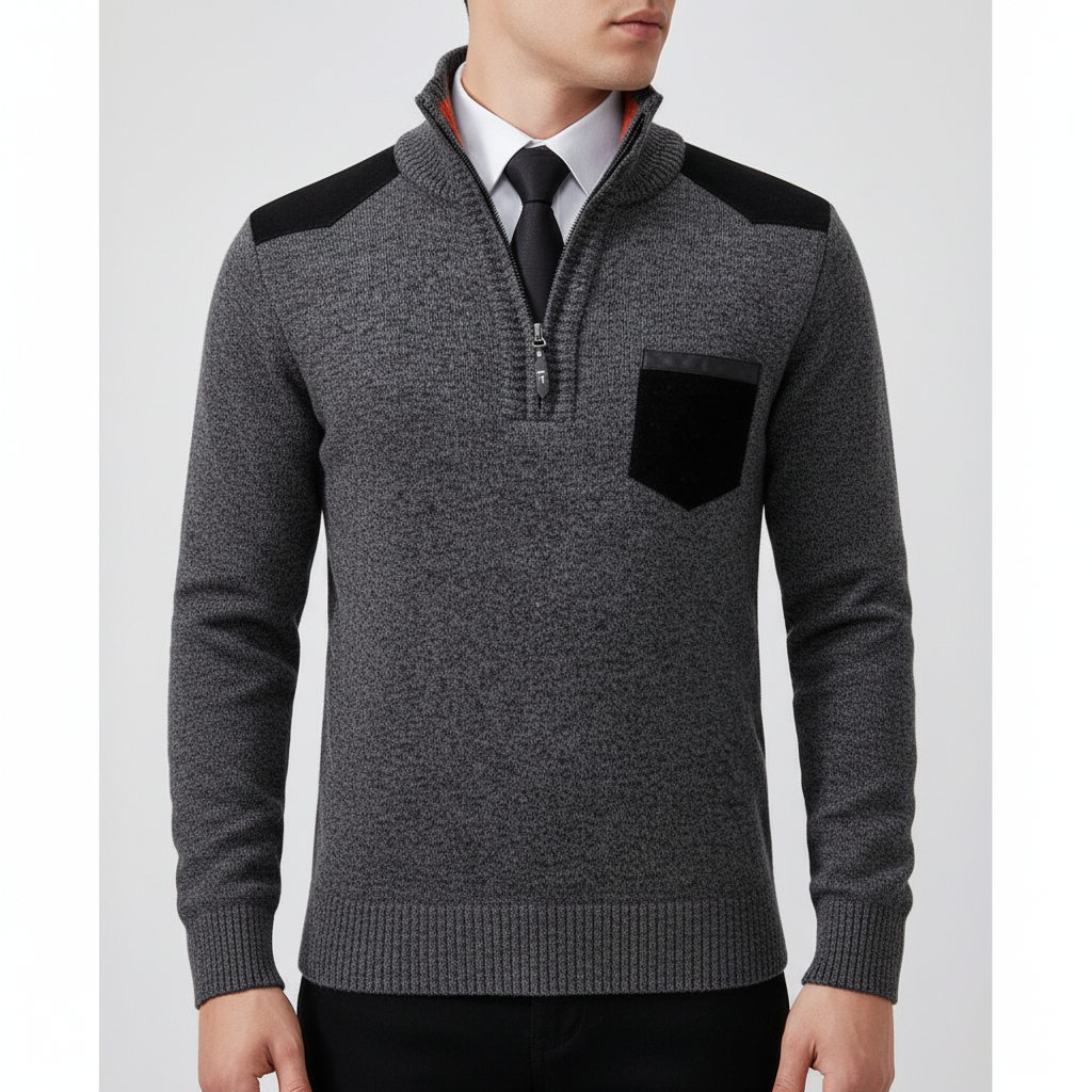 Men's Soft Knit Quarter-Zip Jumper with Chest Pocket – Dark Grey