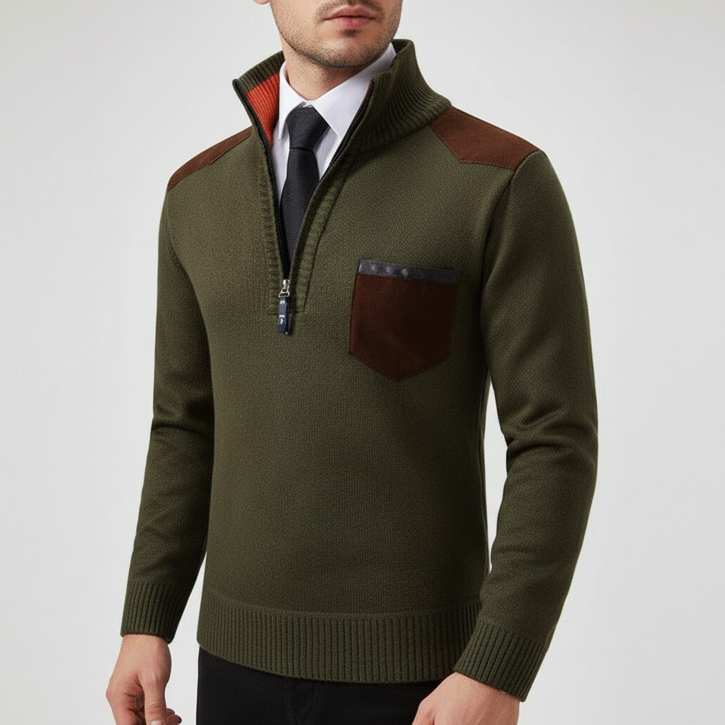 Men's Soft Knit Quarter-Zip Jumper with Chest Pocket – Olive Green