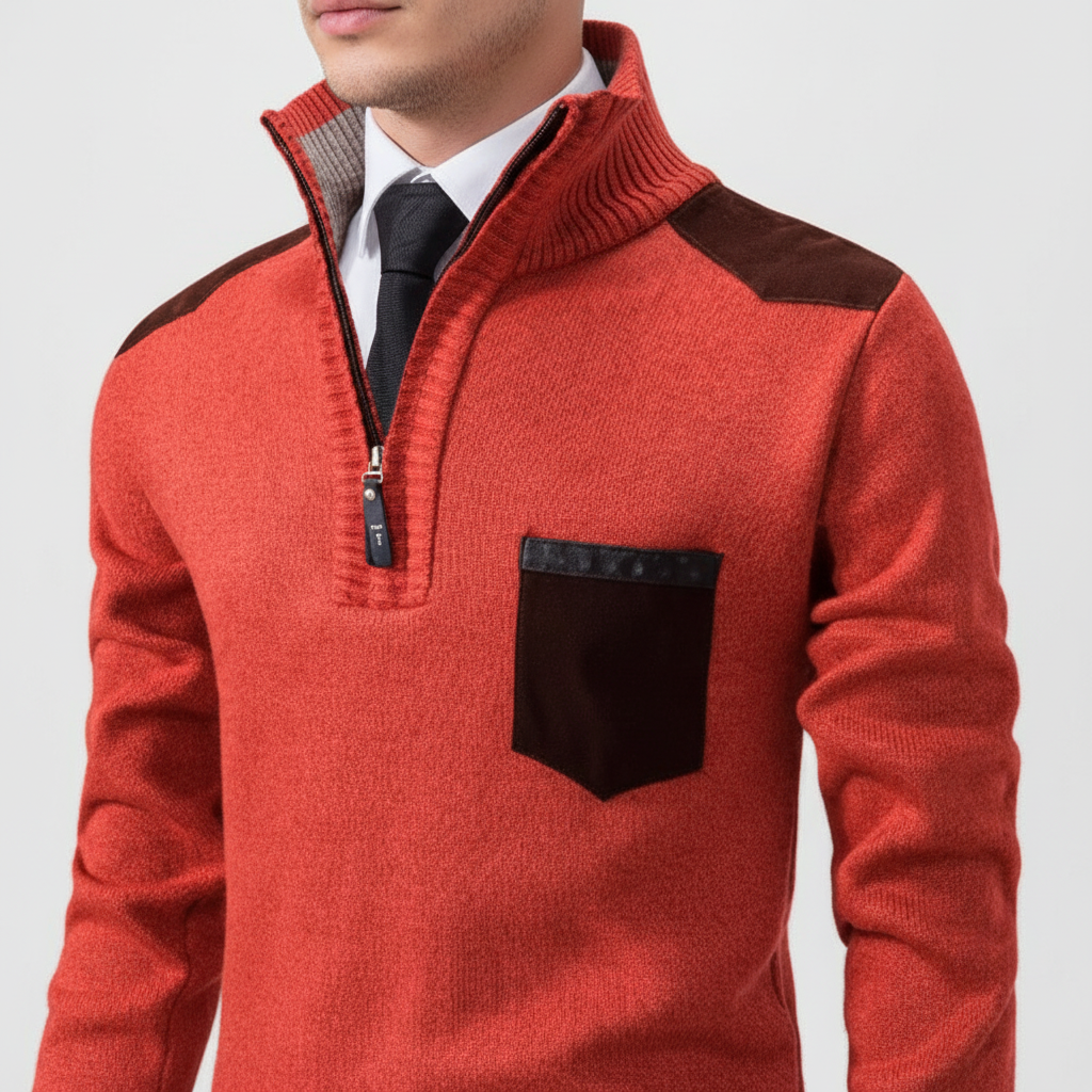 Men's Soft Knit Quarter-Zip Jumper with Chest Pocket – Red Orange