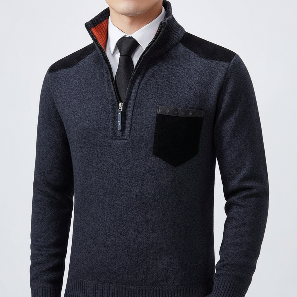 Men's Soft Knit Quarter-Zip Jumper with Chest Pocket – Dark Blue