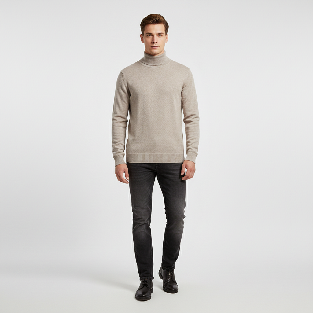 Men's Fine-Knit Roll-Neck Jumper in a Straight Fit – Beige