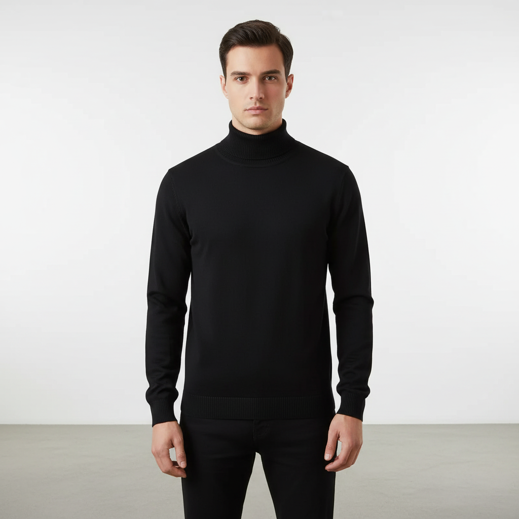 Men's Fine-Knit Roll-Neck Jumper in a Straight Fit – Black