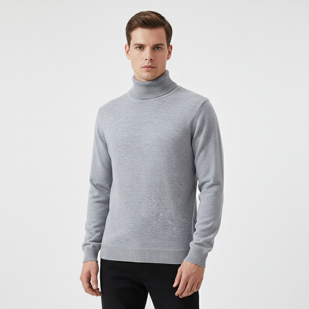 Men's Fine-Knit Roll-Neck Jumper in a Straight Fit – Grey