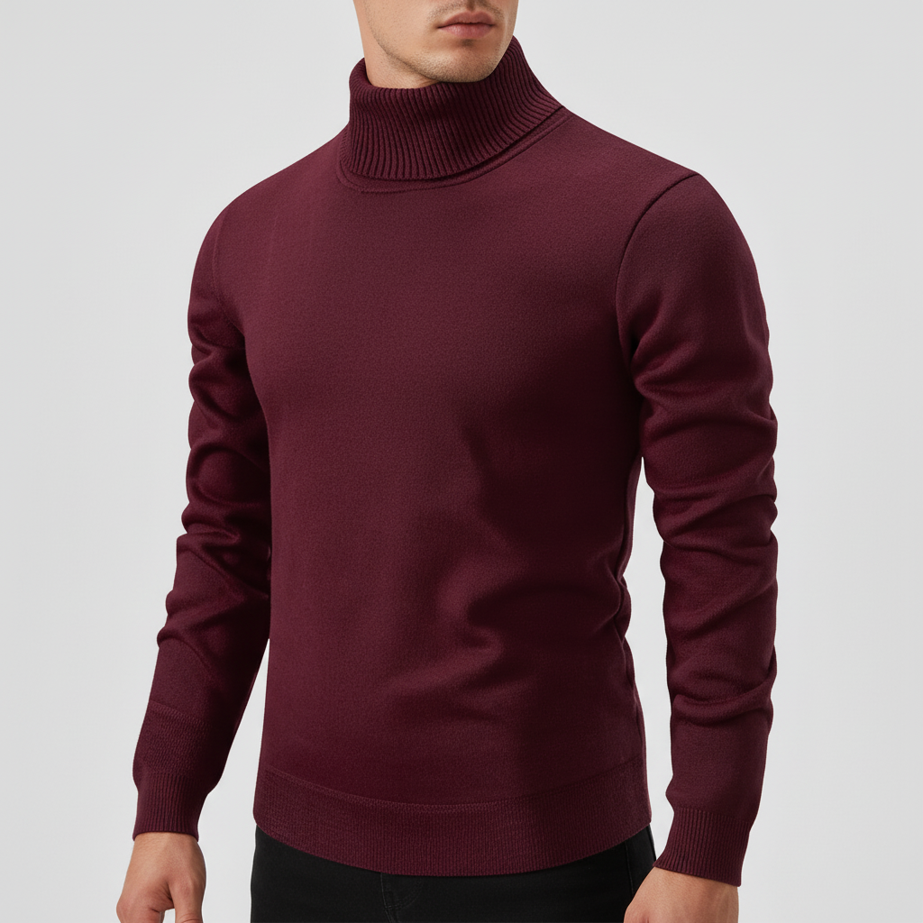 Men's Fine-Knit Roll-Neck Jumper in a Straight Fit – Wine Red