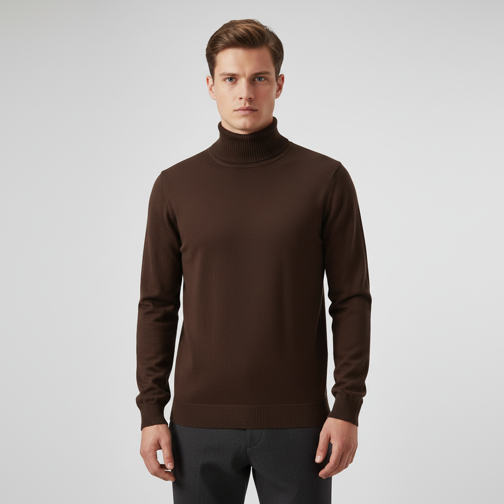 Men's Fine-Knit Roll-Neck Jumper in a Straight Fit – Dark Brown