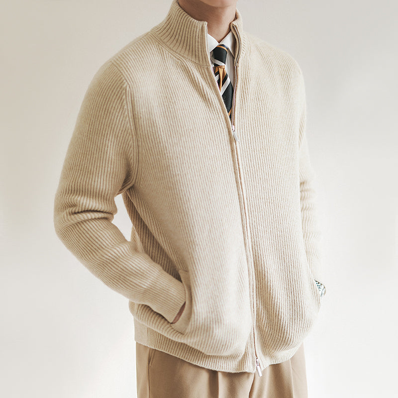 Men's Full-Zip Ribbed Knit Cardigan with Stand Collar