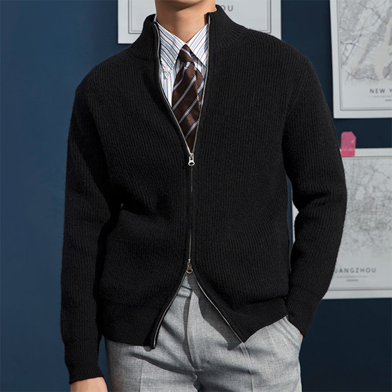 Men's Full-Zip Ribbed Knit Cardigan with Stand Collar – Black