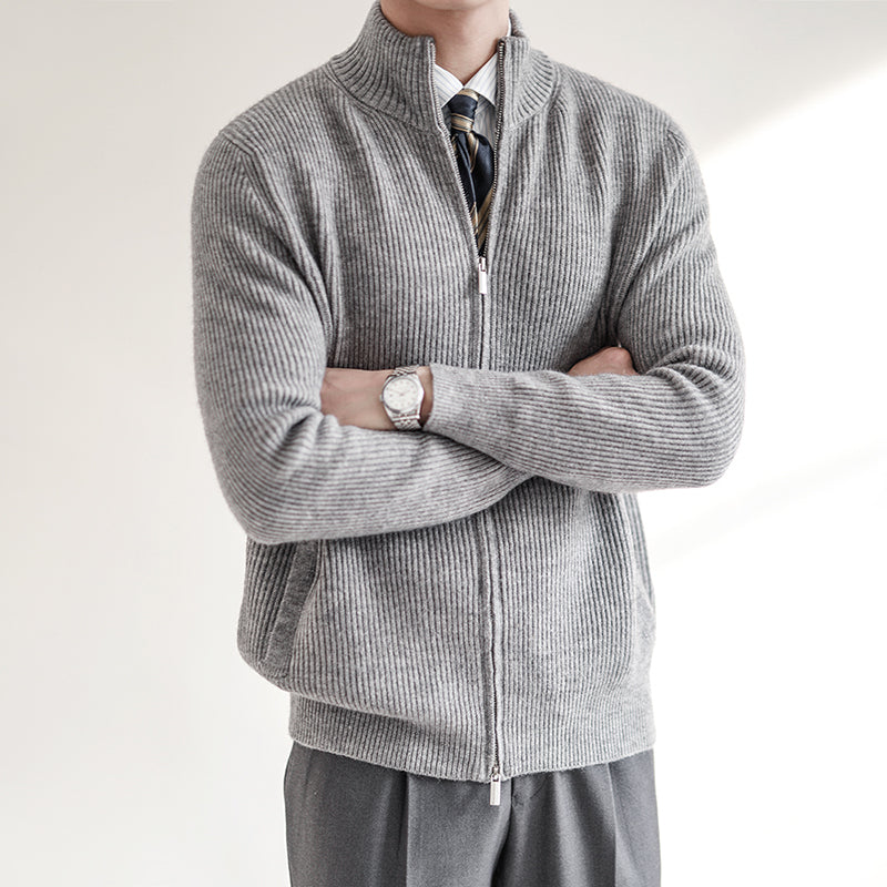 Men's Full-Zip Ribbed Knit Cardigan with Stand Collar – Grey
