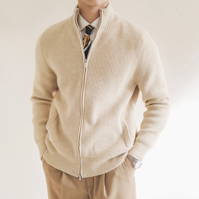 Men's Full-Zip Ribbed Knit Cardigan with Stand Collar – Beige