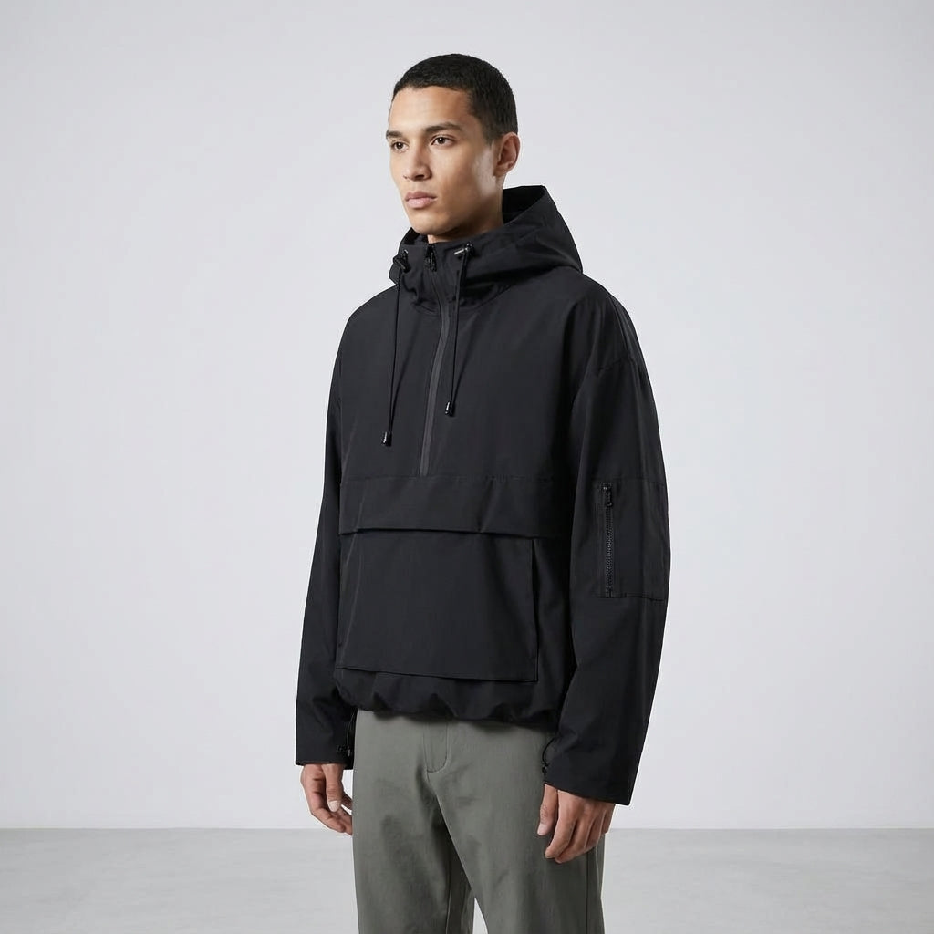 Men's Water-Repellent Anorak with Adjustable Hood and Hem – Black