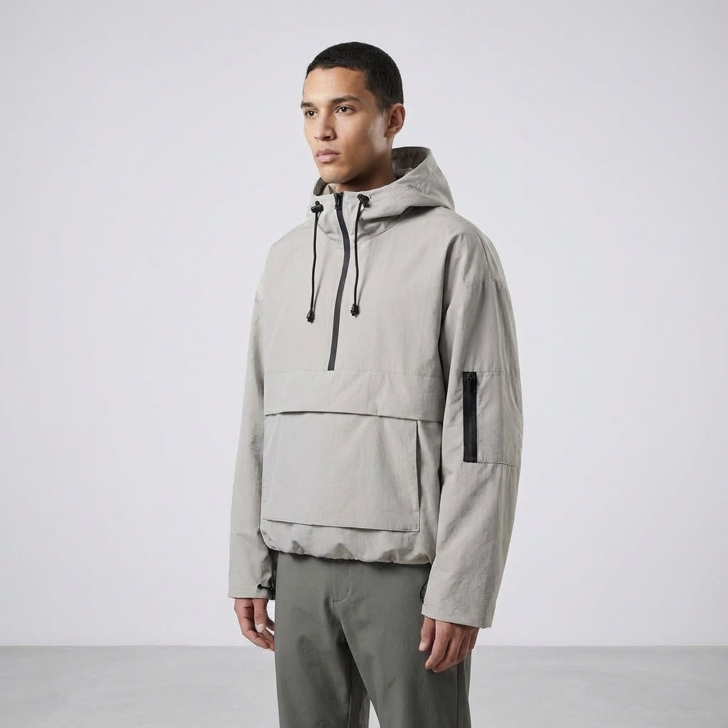 Men's Water-Repellent Anorak with Adjustable Hood and Hem – Grey