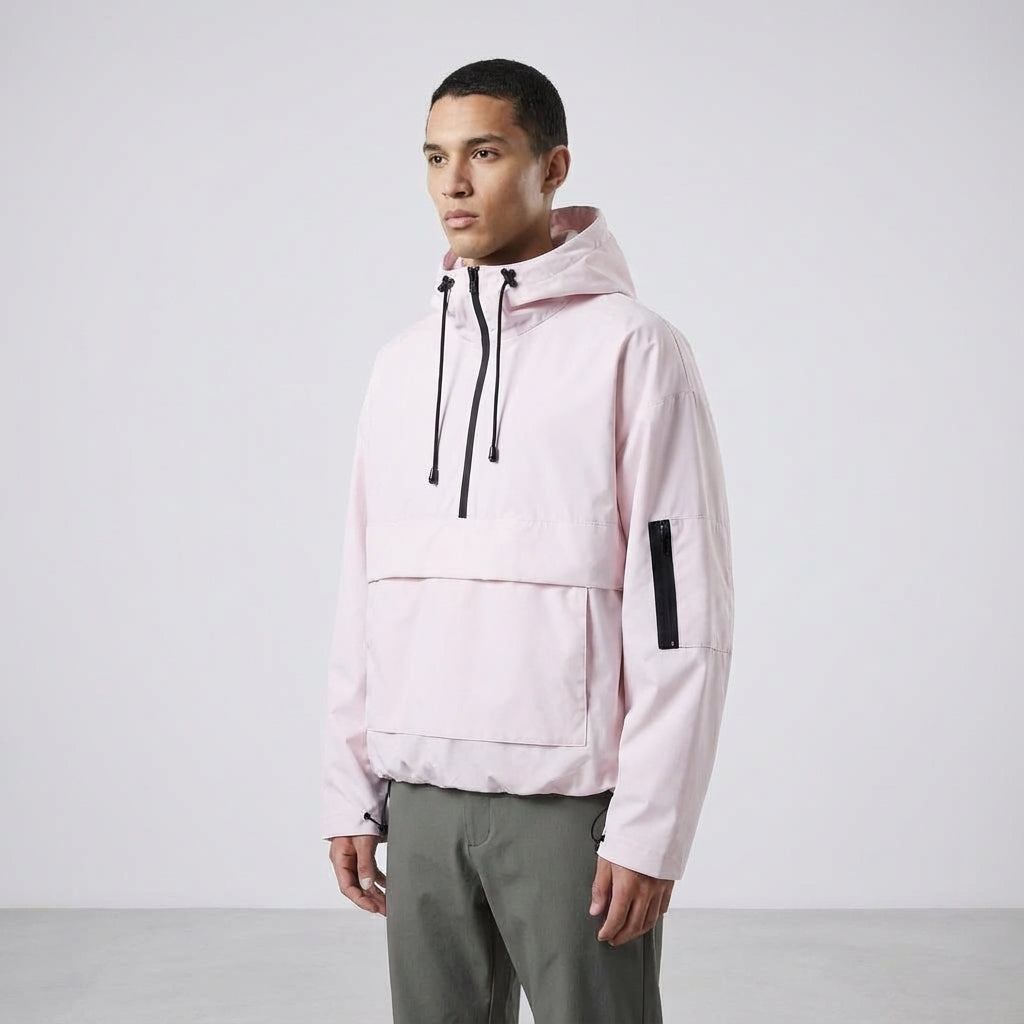 Men's Water-Repellent Anorak with Adjustable Hood and Hem – Light Pink