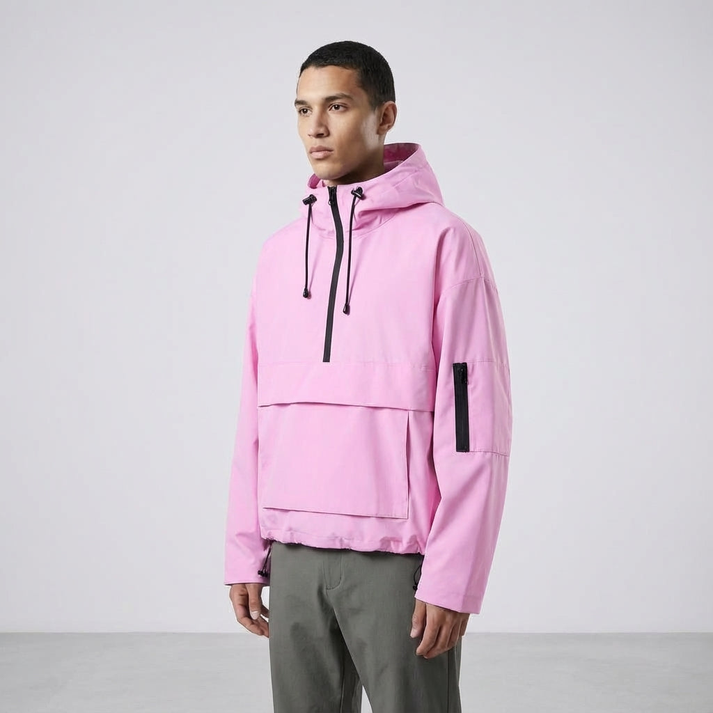 Men's Water-Repellent Anorak with Adjustable Hood and Hem – Pink