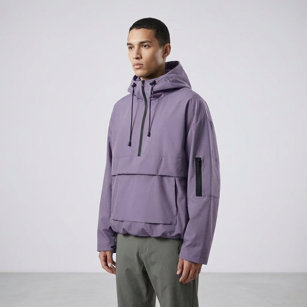 Men's Water-Repellent Anorak with Adjustable Hood and Hem – Purple
