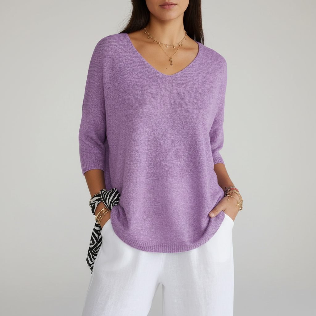 Women's Relaxed V-Neck Knit Top with Curved Hem – Purple
