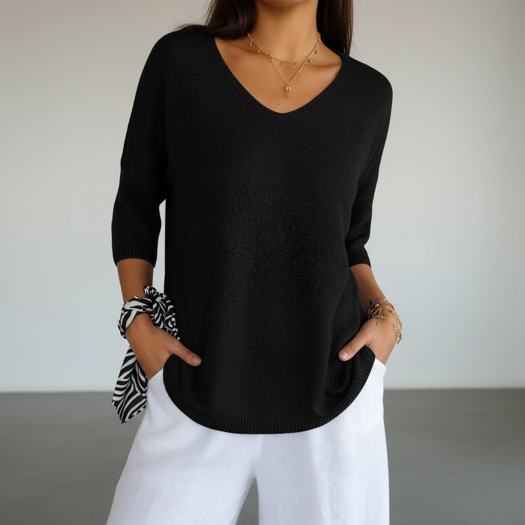 Women's Relaxed V-Neck Knit Top with Curved Hem – Black