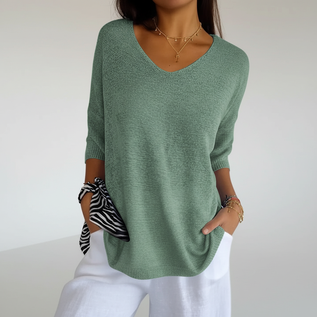 Women's Relaxed V-Neck Knit Top with Curved Hem – Light Green