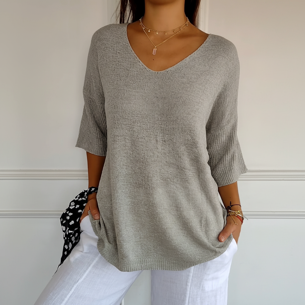 Women's Relaxed V-Neck Knit Top with Curved Hem – Grey