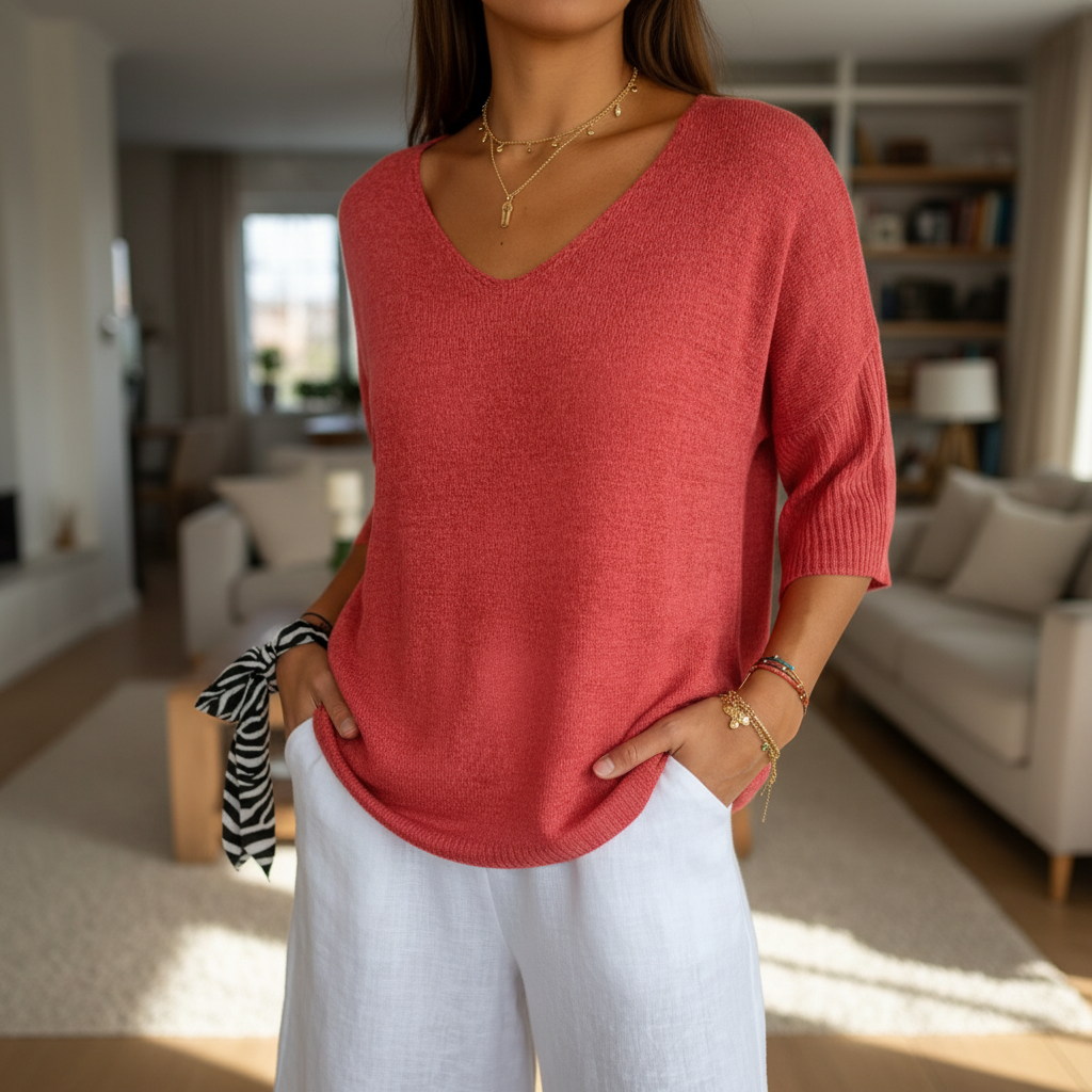 Women's Relaxed V-Neck Knit Top with Curved Hem