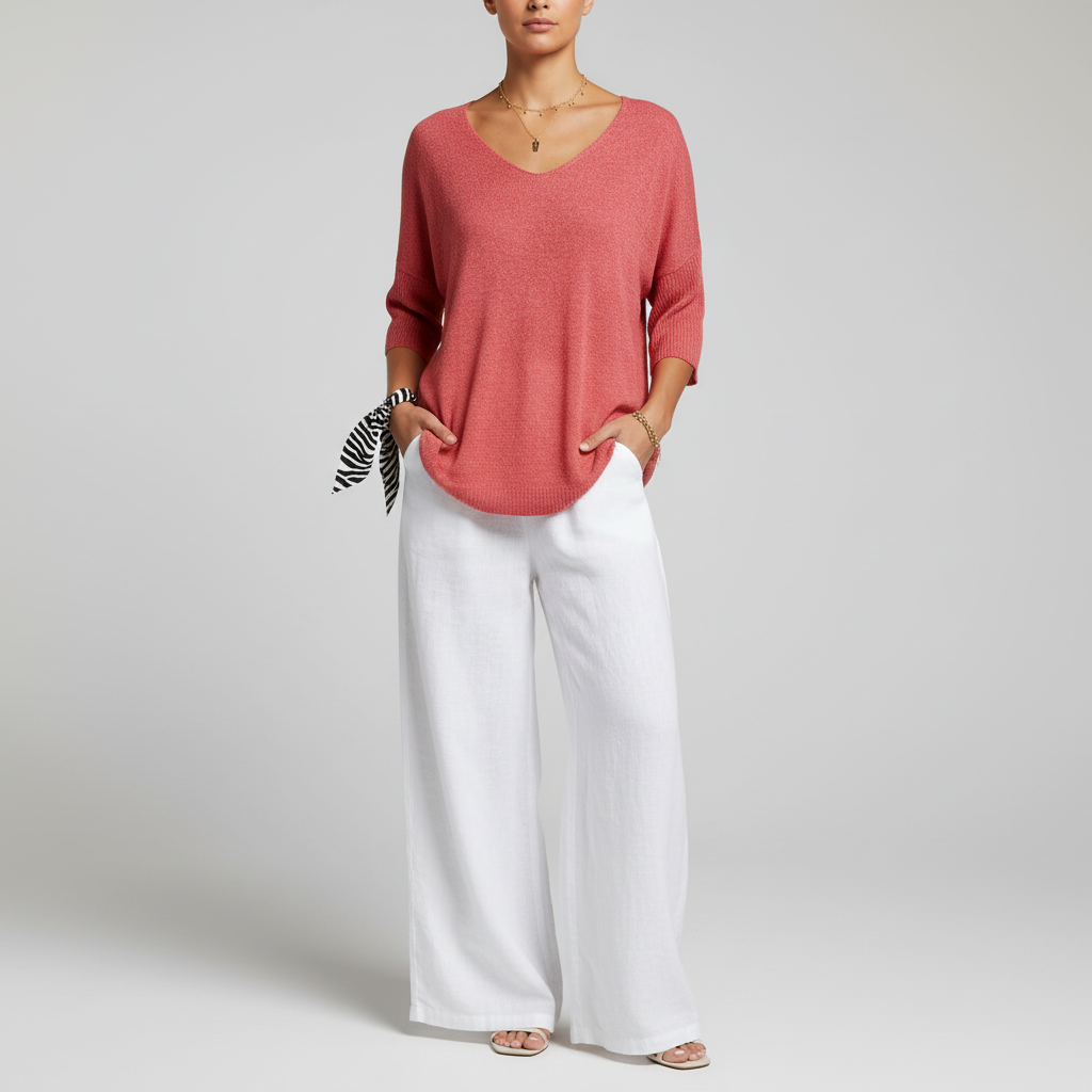 Women's Relaxed V-Neck Knit Top with Curved Hem
