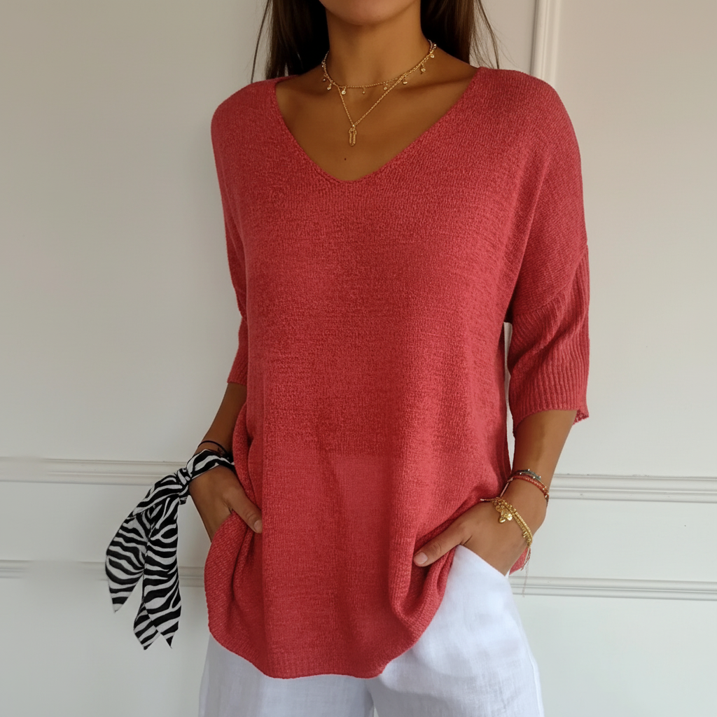 Women's Relaxed V-Neck Knit Top with Curved Hem – Red